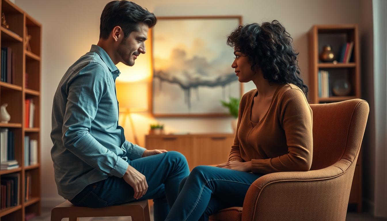 A cozy, warmly lit therapy session after a breakup