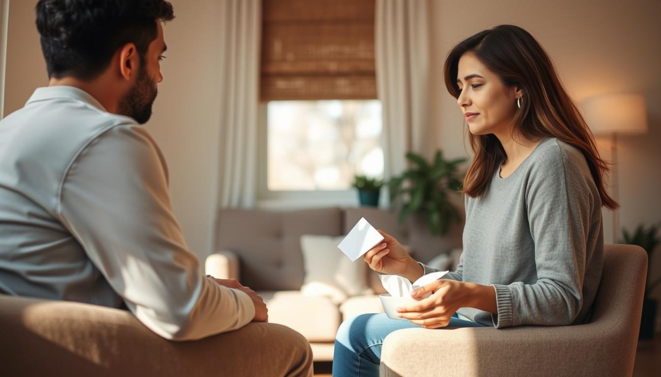 A warm, comforting therapy session after a difficult breakup