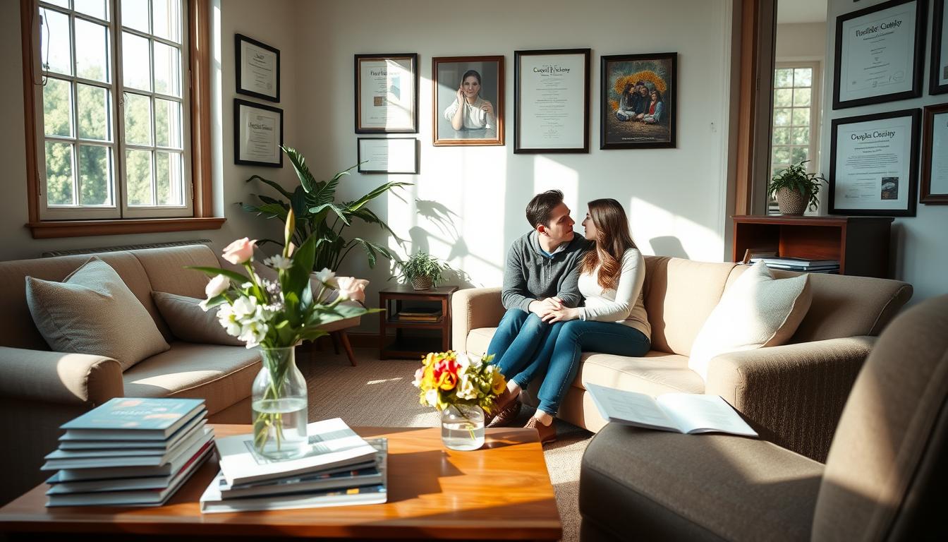 a couple sitting close together, engaged in a thoughtful conversation, their body language indicating a willingness to work through their challenges