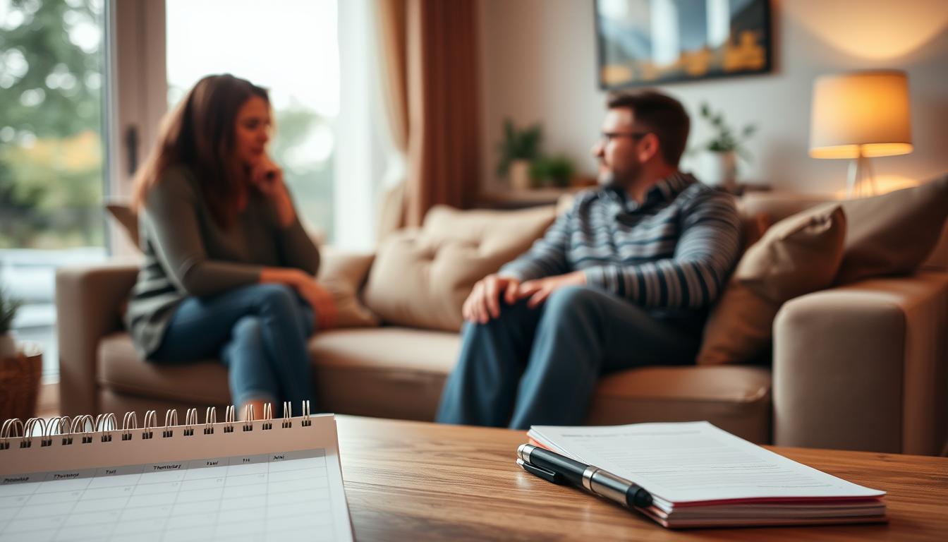 a cozy couple sitting on a plush sofa, deep in conversation